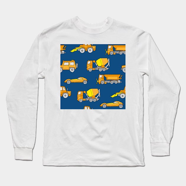 Vehicles orange on classic blue Long Sleeve T-Shirt by kobyakov